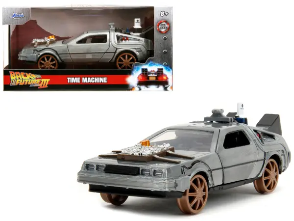 DeLorean DMC (Time Machine) Brushed Metal Train Wheel Version "Back to the Future Part III" (1990) Movie "Hollywood Rides" Series 1/32 Diecast Model Car by Jada #1