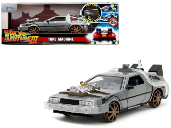 DeLorean Brushed Metal Time Machine (Train Wheel Version) with Lights "Back to the Future Part III" (1990) Movie "Hollywood Rides" Series 1/24 Diecast Model Car by Jada #1