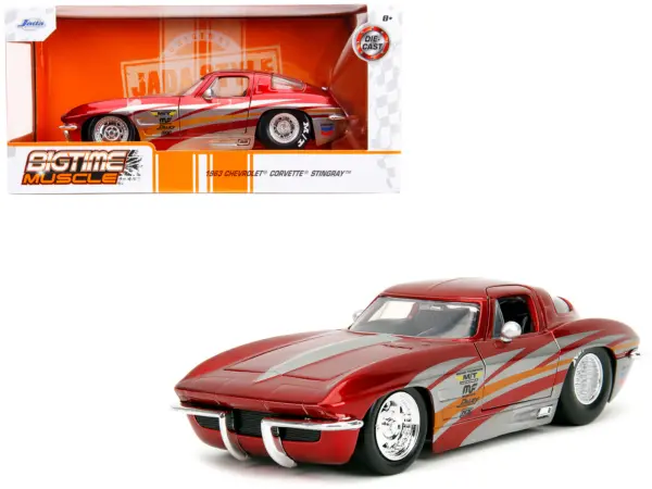 1963 Chevrolet Corvette Stingray Red Metallic with Silver Graphics "Bigtime Muscle" Series 1/24 Diecast Model Car by Jada #1