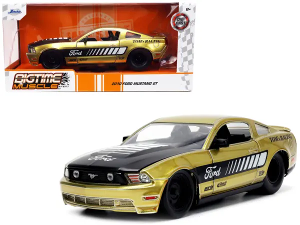 2010 Ford Mustang GT Gold Metallic with Black Graphics and Hood "Tom's Racing" "Bigtime Muscle" Series 1/24 Diecast Model Car by Jada #1