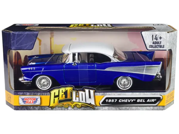 1957 Chevrolet Bel Air Lowrider Candy Blue with White Top "Get Low" Series 1/24 Diecast Model Car by Motormax #1