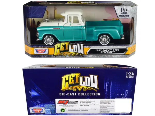 1957 Chevrolet 3100 Stepside Pickup Truck Lowrider Turquoise Metallic and White with White Interior "Get Low" Series 1/24 Diecast Model Car by Motormax #3