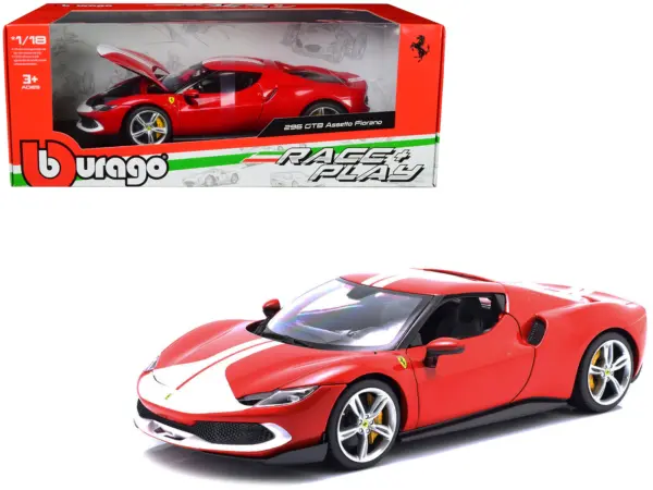 Ferrari 296 GTB Assetto Fiorano Red with White Stripes "Race + Play" Series 1/18 Diecast Model Car by Bburago #1