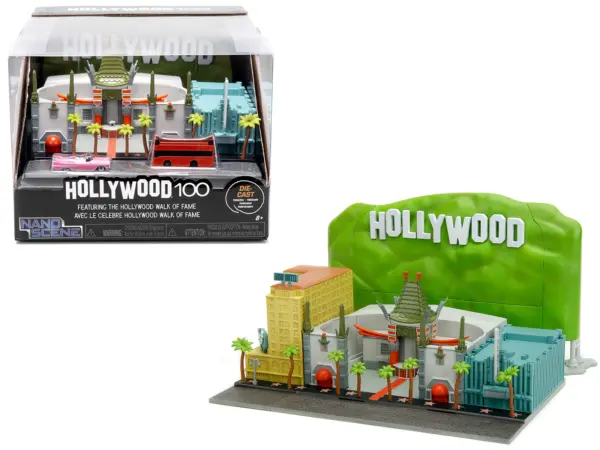 "Hollywood 100" Walk of Fame Diorama with Pink Convertible and Double-Decker Bus "Nano Scene" Series model by Jada #1