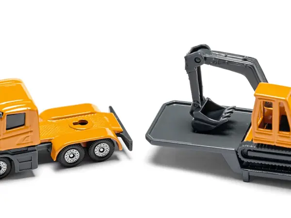 Truck with Low Loader Trailer and Excavator Yellow Diecast Model by Siku #4