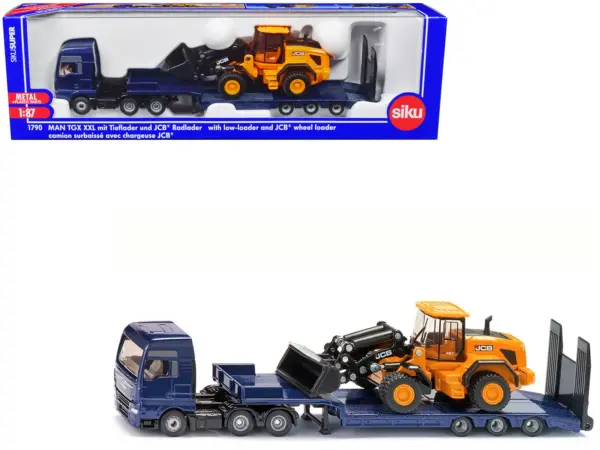 MAN Truck Blue Metallic with Low Loader Trailer and JCB 457 Wheel Loader Yellow 1/87 (HO) Diecast Model by Siku #1