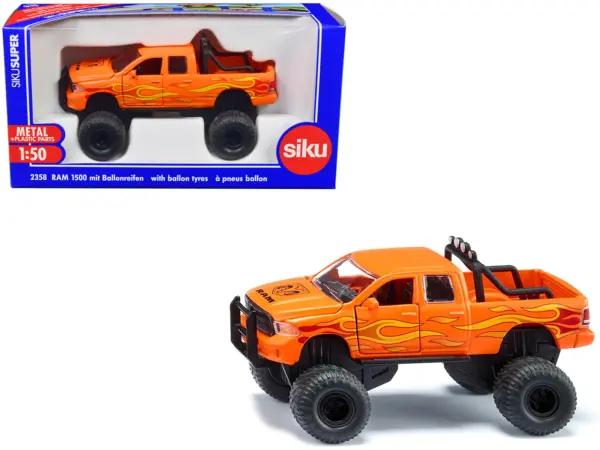 Ram 1500 Pickup Truck Lifted with Balloon Tires Orange with Flames 1/50 Diecast Model by Siku #1