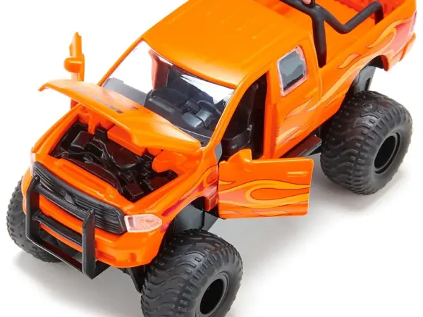 Ram 1500 Pickup Truck Lifted with Balloon Tires Orange with Flames 1/50 Diecast Model by Siku #5