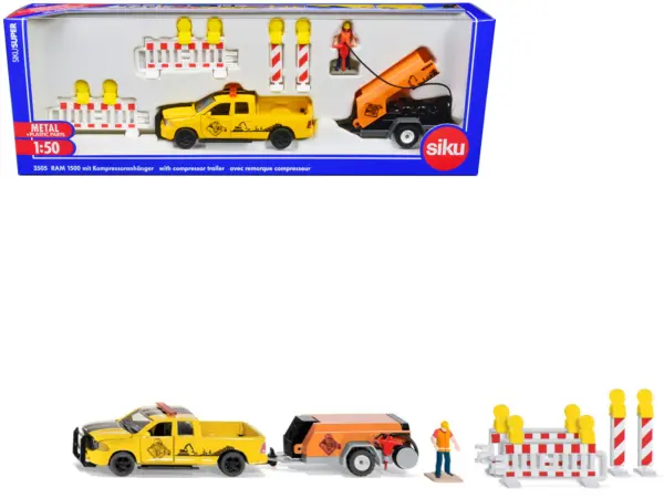 Ram 1500 Pickup Truck Yellow with Compressor Trailer and Worker Figure with Accessories Set 1/50 Diecast Models by Siku #1