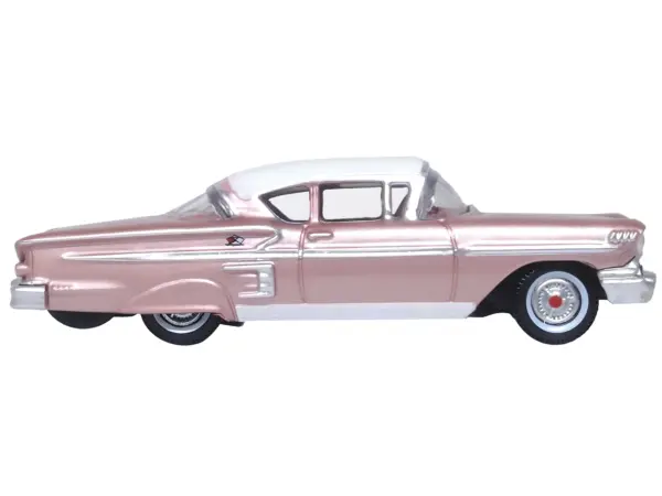 1958 Chevrolet Impala Sport Cay Coral Pink Metallic with White Top 1/87 (HO) Scale Diecast Model Car by Oxford Diecast #2
