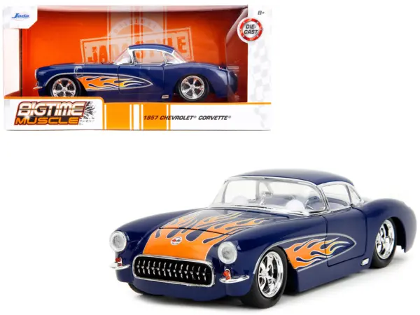 1957 Chevrolet Corvette Dark Blue with Flame Graphics and White Interior "Bigtime Muscle" Series 1/24 Diecast Model Car by Jada #1