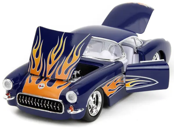 1957 Chevrolet Corvette Dark Blue with Flame Graphics and White Interior "Bigtime Muscle" Series 1/24 Diecast Model Car by Jada #2
