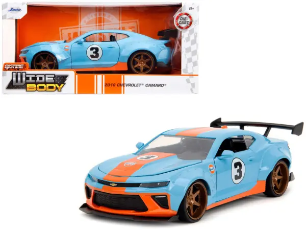2016 Chevrolet Camaro Widebody #3 Light Blue with Orange Stripes "Gulf Oil" "Wide Body" Series 1/24 Diecast Model Car by Jada #1