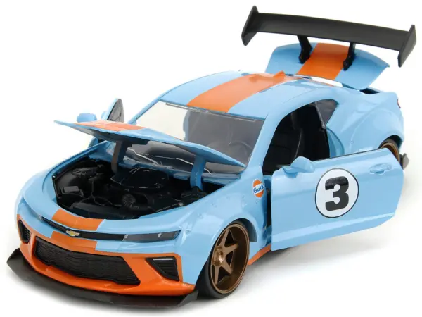 2016 Chevrolet Camaro Widebody #3 Light Blue with Orange Stripes "Gulf Oil" "Wide Body" Series 1/24 Diecast Model Car by Jada #2