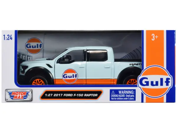 2017 Ford F-150 Raptor Pickup Truck Light Blue with Orange Stripes "Gulf Oil" "Gulf Die-Cast Collection" 1/27 Diecast Model Car by Motormax #1