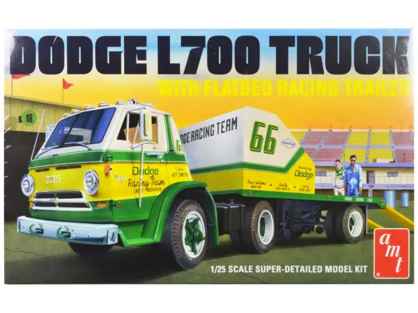 Skill 3 Model Kit 1966 Dodge L700 Truck with Flatbed Racing Trailer 1/25 Scale Model by AMT #1