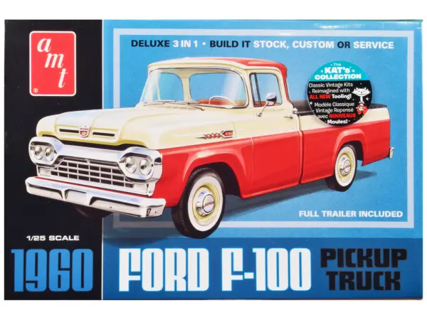 Skill 2 Model Kit 1960 Ford F-100 Pickup Truck with Trailer 3-in-1 Kit 1/25 Scale Model by AMT #1