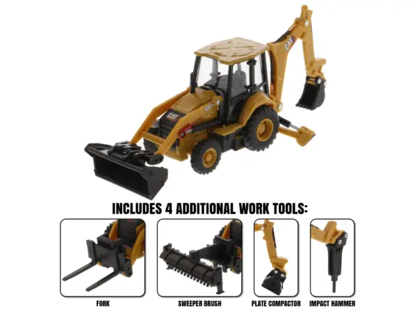 CAT Caterpillar 420 XE Backhoe Loader with Work Tools Yellow 1/64 Diecast Model by Diecast Masters #2