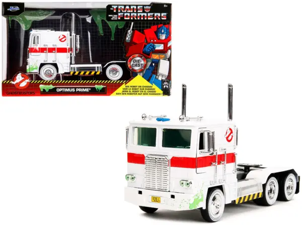 G1 Autobot Optimus Prime Truck White with Robot on Chassis from "Transformers" TV Series - "Ghostbusters" (1984) Movie Crossover "Hollywood Rides" Series 1/24 Diecast Model by Jada #1