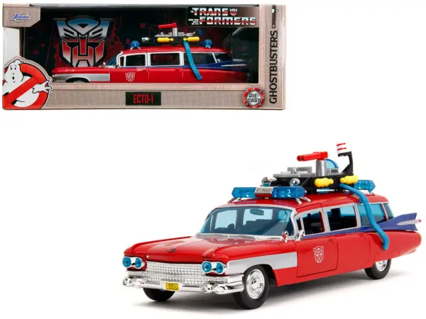 1959 Cadillac Ambulance Ecto-1 Red "Transformers" TV Series - "Ghostbusters" (1984) Movie Crossover "Hollywood Rides" Series 1/24 Diecast Model Car by Jada #1