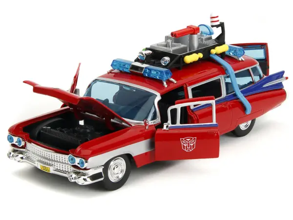 1959 Cadillac Ambulance Ecto-1 Red "Transformers" TV Series - "Ghostbusters" (1984) Movie Crossover "Hollywood Rides" Series 1/24 Diecast Model Car by Jada #2
