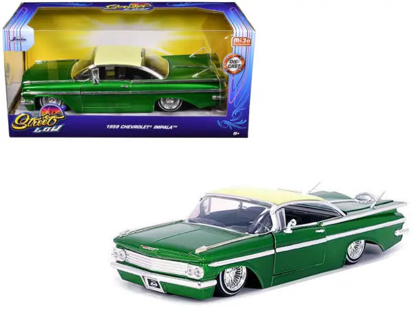 1959 Chevrolet Impala Lowrider Green Metallic with Cream Top and Wire Wheels "Street Low" Series 1/24 Diecast Model Car by Jada #1