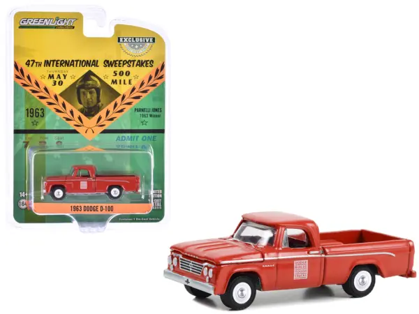 1963 Dodge D-100 Pickup Truck "47th International 500 Mile Sweepstakes - Indianapolis 500 Official Truck" Red "Hobby Exclusive" Series 1/64 Diecast Model Car by Greenlight #1