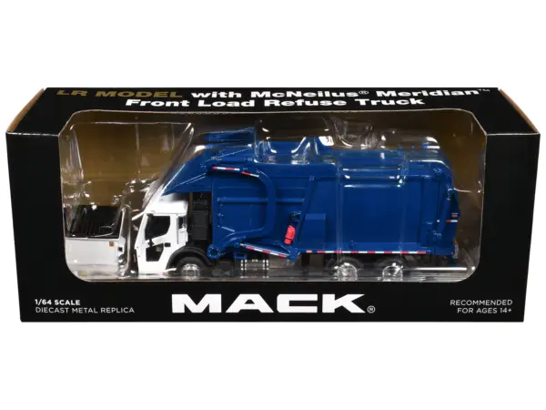 Mack LR Refuse Garbage Truck with McNeilus Meridian Front Loader White and Blue with Trash Bin 1/64 Diecast Model by DCP/First Gear #3