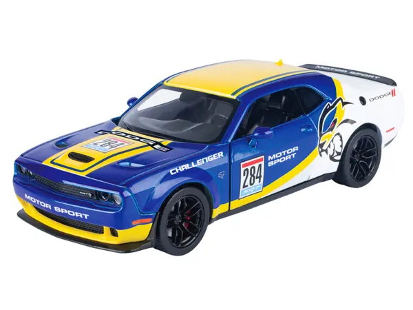 2018 Dodge Challenger SRT Hellcat Widebody #284 Blue Metallic and White with Yellow Graphics "GT Racing" Series 1/24 Diecast Model Car by Motormax #2