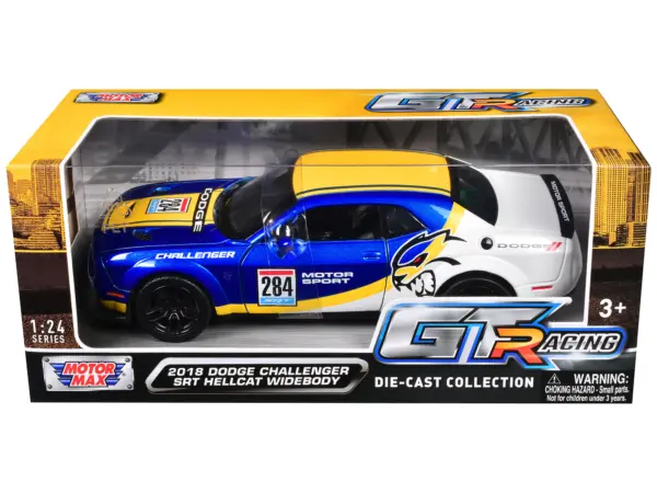 2018 Dodge Challenger SRT Hellcat Widebody #284 Blue Metallic and White with Yellow Graphics "GT Racing" Series 1/24 Diecast Model Car by Motormax #3