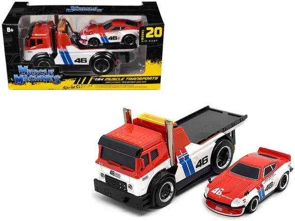 JDM Flatbed Truck #46 Red and White with Blue Stripes and 1972 Datsun 240Z #46 Red and White with Blue Stripes "BRE" "Muscle Transports" Series 1/64 Diecast Models by Muscle Machines #1
