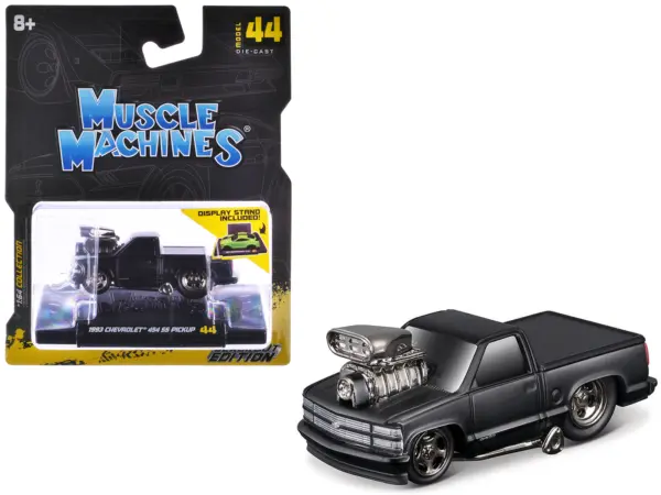1993 Chevrolet 454 SS Pickup Truck Matt Black "Blackout Edition" 1/64 Diecast Model by Muscle Machines #1