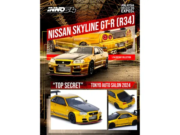 Nissan Skyline GT-R (R34) "Top Secret" RHD (Right Hand Drive) Gold Metallic with Carbon Hood and Trunk "Tokyo Auto Salon 2024 - Malaysia Diecast Expo 2024" 1/64 Diecast Model Car by Inno Models #5