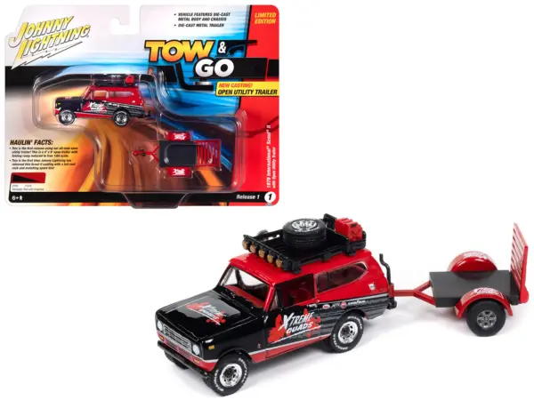 1979 International Scout II Red and Black "Xtreme Quads" with Open Utility Trailer "Tow & Go" Series 1/64 Diecast Model Car by Johnny Lightning #1