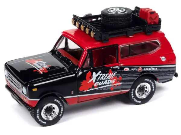 1979 International Scout II Red and Black "Xtreme Quads" with Open Utility Trailer "Tow & Go" Series 1/64 Diecast Model Car by Johnny Lightning #3