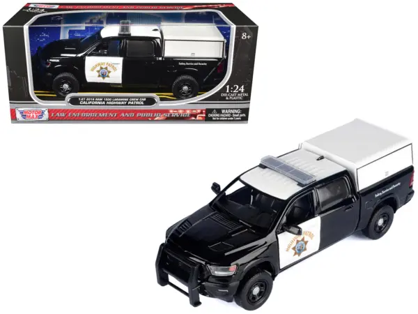 2019 RAM 1500 Laramine Crew Cab Pickup Truck "California Highway Patrol" Black and White with Truck Bed Camper "Law Enforcement and Public Service" Series 1/27 Diecast Model Car by Motormax #1
