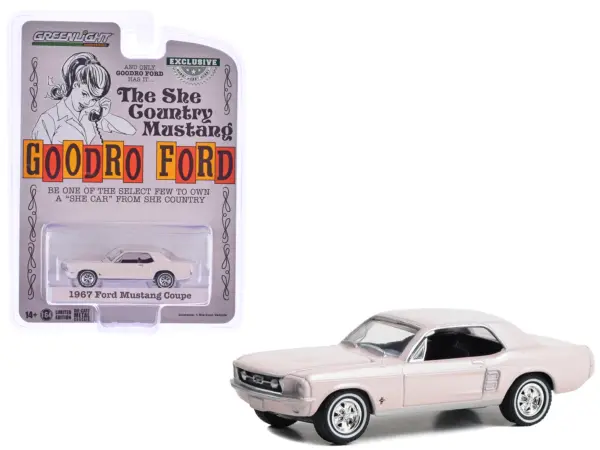 1967 Ford Mustang Coupe "She Country Special - Bill Goodro Ford Denver Colorado" Bermuda Sand "Hobby Exclusive" Series 1/64 Diecast Model Car by Greenlight #1