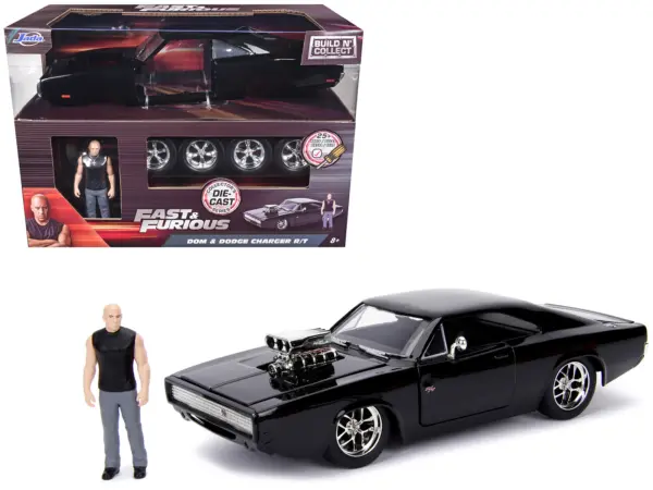 Model Kit Dodge Charger R/T Black and Dom Diecast Figure "Fast & Furious" Movie "Build N' Collect" Series 1/24 Diecast Model Car by Jada #1