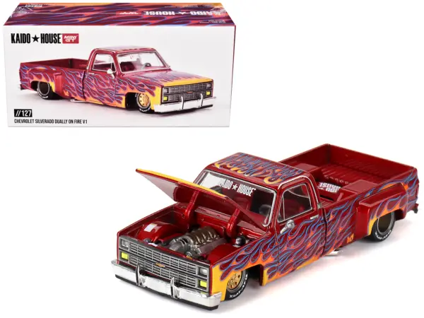 Chevrolet Silverado Dually Pickup Truck "On Fire V1" Red Metallic with Flames and Red Interior (Designed by Jun Imai) "Kaido House" Special 1/64 Diecast Model Car by Mini GT #1