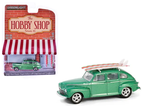 1946 Ford Fordor Super Deluxe Green Metallic with White Interior and Roof Rack with Surfboards "The Hobby Shop" Series 16 1/64 Diecast Model Car by Greenlight #1