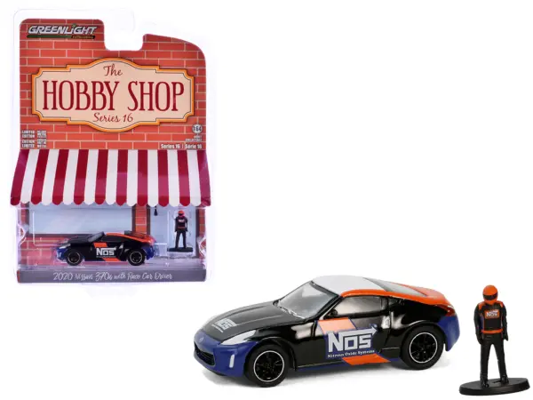2020 Nissan 370z "NOS Nitrous Oxide Systems" Black with Graphics and Race Car Driver "The Hobby Shop" Series 16 1/64 Diecast Model Car by Greenlight #1