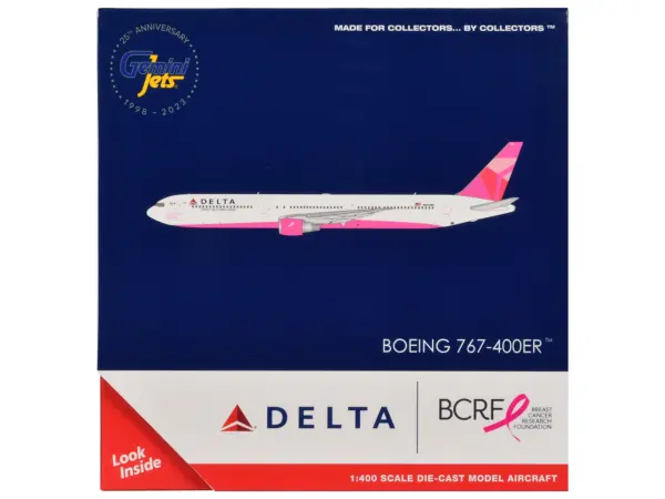 Boeing 767-400ER Commercial Aircraft "Delta Air Lines - Breast Cancer Research Foundation" (N845MH) White with Pink Tail 1/400 Diecast Model Airplane by GeminiJets #3