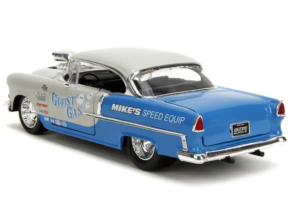 1955 Chevrolet Bel Air "Ghost Gas - Mike's Speed Equip" Light Gray and Blue "Bigtime Muscle" Series 1/24 Diecast Model Car by Jada #5