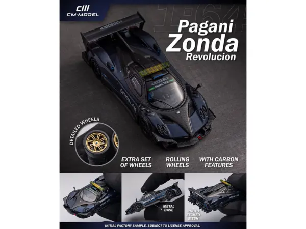 Pagani Zonda Revolucion "Official Car" Dark Blue and Carbon with Extra Wheels 1/64 Diecast Model Car by CM Model #4