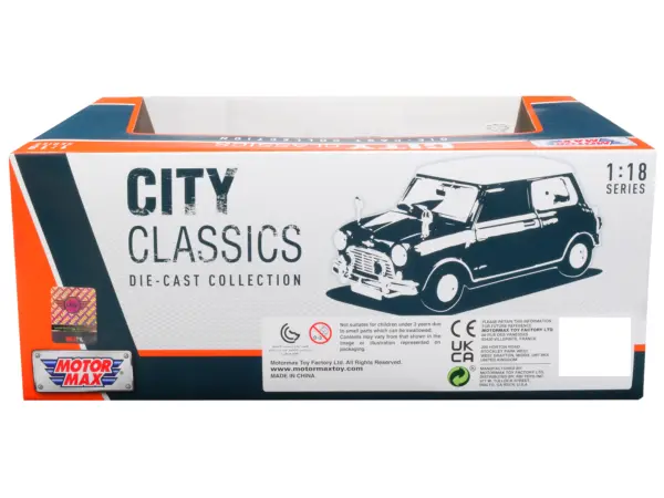 1961-1967 Morris Mini Cooper RHD (Right Hand Drive) Dark Blue with British Flag on the Top and Roof Rack "City Classics" Series 1/18 Diecast Model Car by Motormax #2