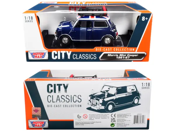 1961-1967 Morris Mini Cooper RHD (Right Hand Drive) Dark Blue with British Flag on the Top and Roof Rack "City Classics" Series 1/18 Diecast Model Car by Motormax #3