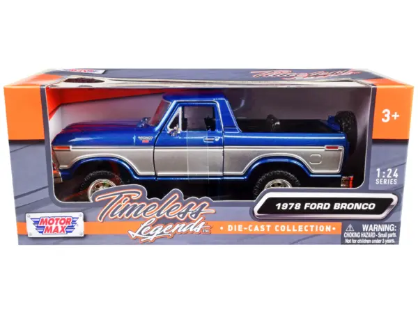 1978 Ford Bronco Ranger XLT (Open Top) with Spare Tire Blue Metallic and Silver "Timeless Legends" Series 1/24 Diecast Model Car by Motormax #1