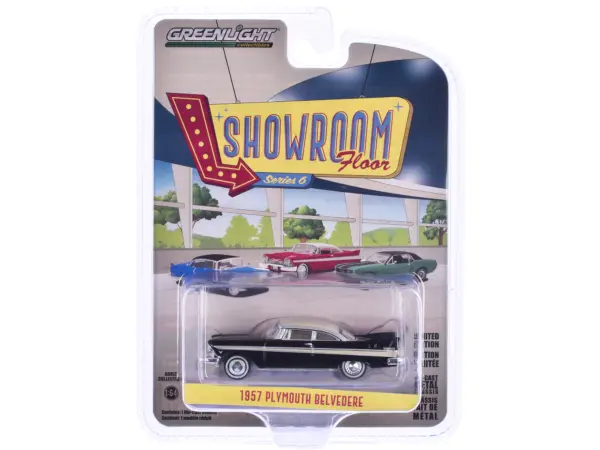 1957 Plymouth Belvedere Jet Black with Sand Dune White Top and Stripes "Showroom Floor" Series 6 1/64 Diecast Model Car by Greenlight #1