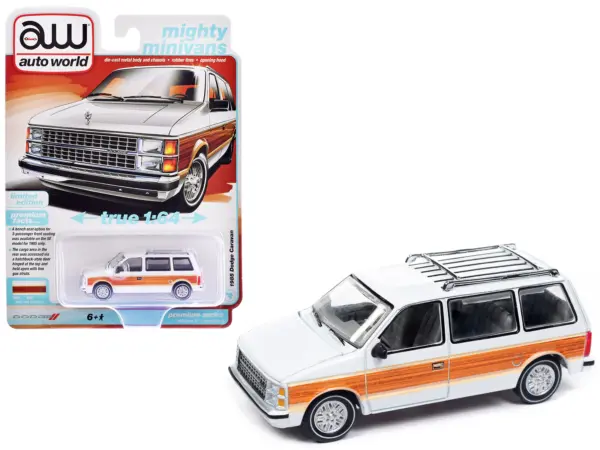 1985 Dodge Caravan Van White with Woodgrain Side Panels "Mighty Minivans" Series 1/64 Diecast Model Car by Auto World #1