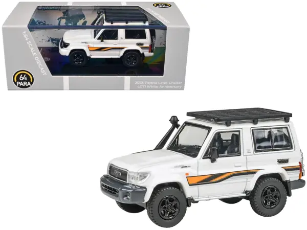 2023 Toyota Land Cruiser 71 White "70th Anniversary" with Stripes and Roofrack 1/64 Diecast Model Car by Paragon Models #1